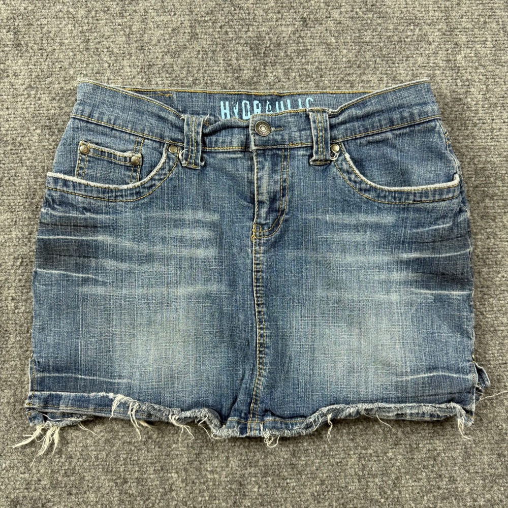 Hydraulic Denim Mini Skirt Womens 5/6 Blue Frayed Hem Stretch Y2K Casual Jean